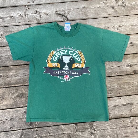 Vintage 1995 Woody Sports CFL Saskatchewan Grey Cup T Shirt Large Green - Picture 4 of 5
